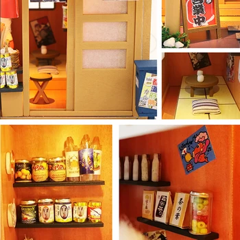 Japāņu miniatūru Pārtikas Veikalā Namiņš LED Komplekti DIY Koka Veikalu Mēbeles Modelis Puzzle Rotaļlieta Bērniem Dzimšanas diena Ziemassvētku Dāvanu