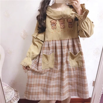 Japāņu sweet lolita kleitu iešūšana režģi vaļīgs mežģīnes peter pan apkakli viktorijas kleita kawaii meitene gothic lolita op loli cos