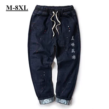 Japāņu Ķīniešu stilā izšuvumi splash tintes Liela izmēra 7XL 8XL vīriešu džinsi gadījuma stiept, šņorējumu vidukli džinsa bikses Joggers