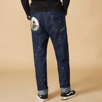 Japāņu Ķīniešu stilā izšuvumi splash tintes Liela izmēra 7XL 8XL vīriešu džinsi gadījuma stiept, šņorējumu vidukli džinsa bikses Joggers