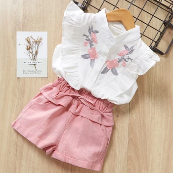 Jauna Meitene Apģērbs Pavasara un Vasaras Maza Meitene, Ziedlapiņu Piedurknēm Krekls tīrtoņa Krāsas Bikses 2 Gabals Tērps 3-7T Toddler Ikdienas Apģērbu