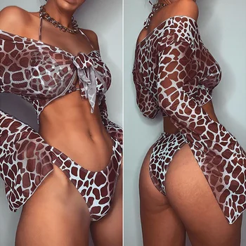 Jaunas Drukas 2020. Gadam garām piedurknēm Beachwear Bikini Sieviešu Peldkostīmi Sieviešu Peldkostīms 3 gabali Bikini komplekts Pavada Leopard peldkostīms Peldēt