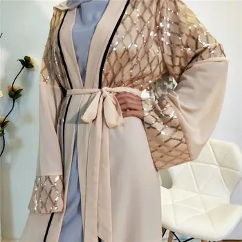 Jaunas Ielidošanas Augstas Kvalitātes Spīd Sequin Un Šifona Kleita Musulmaņu Abaya Atvērt Dubaija Tuvajos Austrumos Modes Dāmas Stils
