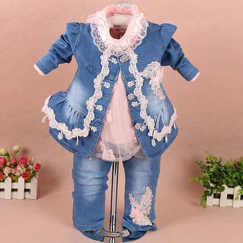 Jaunas Ielidošanas Baby Meiteņu Džinsa Kostīms 0-3 G. Lāce, Zīdaiņu Tērpu Modes Pavasarī Ziemas Apģērbu Meitenēm bezmaksas piegāde