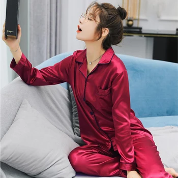Jaunas Mākslīgās Zīda Pidžamu Naktsveļu Sieviešu Kopumu, Mīksts un Ērts Vienkārši Tīru Krāsu Atpūtas garām Piedurknēm Sleepwear