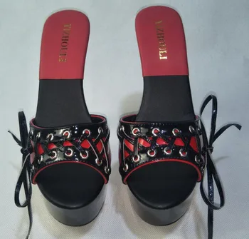 Jaunas Sievietes 6 Cm Augsta Papēža Papēži Modes Strappy, Platforma Tupele, Melna Sieviešu Sandales Sexy 15cm