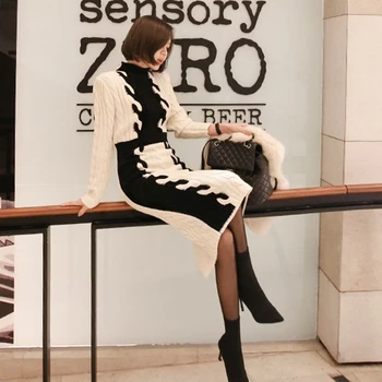 Jaunas ielidošanas Skrejceļa ziemas korejas sexy krāsu salikuma zemāko Adīt Kleita augstas kvalitātes džemperis Bodycon Trikotāžas Kleitas vestidos