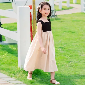 Jaunas vasaras pusaudžu meiteņu kokvilnas kleita gadījuma kleita izlīdzināšanu midi kleitu meitene bez piedurknēm laukumā apkakles veste Dizainera kleitu