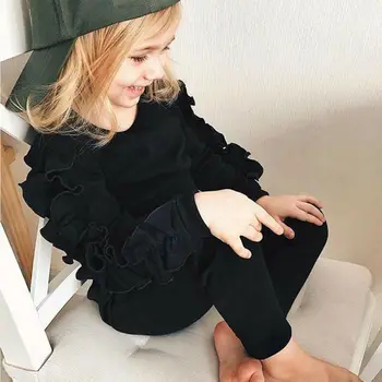 Jaundzimušais Mazulis Baby Girl Apģērbu Savirmot Top Garas Bikses Bikses 2019 Rudens Toddler Meitene Silts Vienkrāsainu Kokvilnas Apģērbu Komplekts