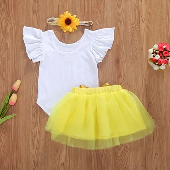 Jaundzimušais Meitenes, 1. Dzimšanas dienu Apģērbs Savirmot Īsām Piedurknēm Ziedu Bodysuit + Dzeltens Tutu Svārki Galvu Apģērbu Komplekti