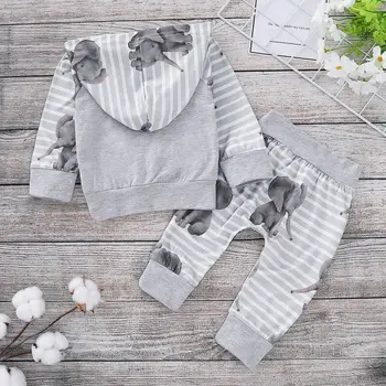 Jaundzimušais zēns, meitene zilonis drēbes 2gab garām piedurknēm pelēkā vārna top + bikses ērtu zīdaiņu āra atpūtas uzvalks