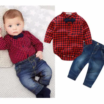 Jaundzimušajiem drēbes jaunas sarkanās pleds kombinezonus krekli+džinsi bērnu zēnu drēbes bebes apģērba komplekts