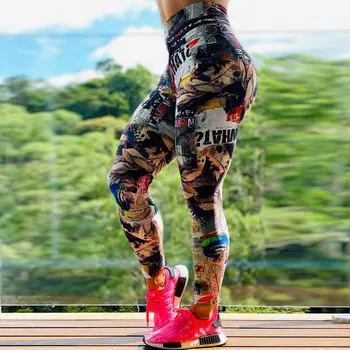 Jauno Modes Drukāt Stulpiņi Sieviešu Slim Fitnesa Augsta Vidukļa Elastīga Treniņu Stulpiņi Sporta Darbojas Bikses Laupījums Push UP Legging