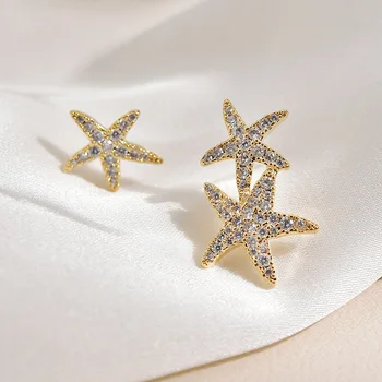 Jauno Modes Mikro-set Zircon Zelta Krāsas Auskari Asimetriska Starfish Pieci norādīja Zvaigzne Beach Brīvdienas Gudrs Auskari Sieviete