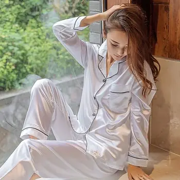 Jauno Modes Pavasara Rudens Zaudēt Zīda Satīna Pidžamas Komplekts Svītrainām Viena krūtīm, garām Piedurknēm Divas Gabals Komplekti Sievietēm Sleepwear