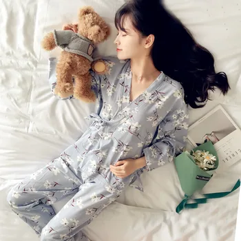 Jauno Modes Sieviešu Drukāt Salds Sieviešu garām Piedurknēm Kimono Pidžamas Komplekti Silts Dāmas Sleepwear V-veida kakla Japāņu Stila Mājas Apģērba