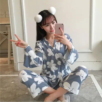Jauno Modes Sieviešu Drukāt Salds Sieviešu garām Piedurknēm Kimono Pidžamas Komplekti Silts Dāmas Sleepwear V-veida kakla Japāņu Stila Mājas Apģērba