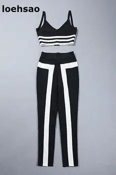 Jauno Sieviešu Modes Sexy Clubwear Bodysuits Slim, 2 gab. Komplekts Melns Balts Sieviešu bodycon Pārsējs Jumpsuit Zīmuli Bikses Playsuits