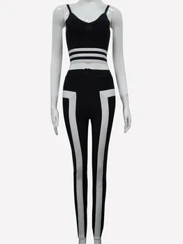 Jauno Sieviešu Modes Sexy Clubwear Bodysuits Slim, 2 gab. Komplekts Melns Balts Sieviešu bodycon Pārsējs Jumpsuit Zīmuli Bikses Playsuits