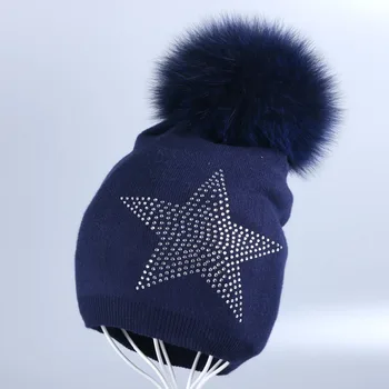 Jauno sieviešu vilnas ziemas cepure ar nekustamo pompom kašmira beanies bling crystal star mīksto siltuma īstas ūdeļādas fox zvaigžņu pp beanie