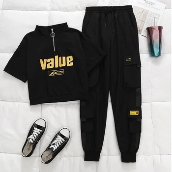Jauns 2 Gabals Black Streetwear Kravas Bikses Sieviešu Skaists, Hip-Hop, Pavasarī un Vasarā Harajuku stils T-krekls divi-gabals, kas Bikses
