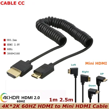 Jauns 4K*2K@60HZ OD 3.2 mm Mini HDMI uz HDMI Spirālveida Vads HDMI 2.0 līdz 90 Grādu Mini HDMI stiepes Atspere, HD Kabelis 1M 2.5 M