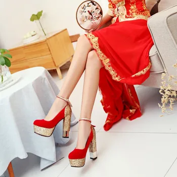 Jauns Mirdzēt Platformas Kurpes Sieviešu augstpapēžu kurpes Līgavai Kurpes Siksnu Sarkanas Kurpes Kāzu Sieviešu Sūkņi Komfortu Augstiem Papēžiem Sūkņi 12cm