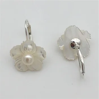 Jauns roku cirsts nekustamā white shell Tibetas sudraba ziedu īstu pērļu sieviete dāvanu modes Rotaslietas piliens auskari 15MM