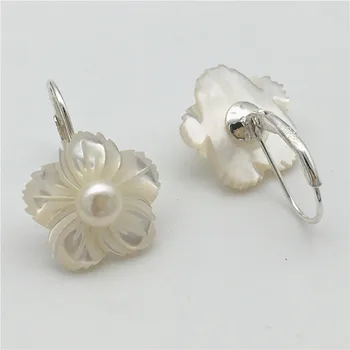 Jauns roku cirsts nekustamā white shell Tibetas sudraba ziedu īstu pērļu sieviete dāvanu modes Rotaslietas piliens auskari 15MM
