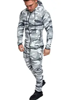 Jauns vīriešu ikdienas uzvalks modes maskēties sporta fitnesa kokvilnas rāvējslēdzēju jaka pelēkā vārna vīriešu uzvalku āra sporta 2 gabals, kas