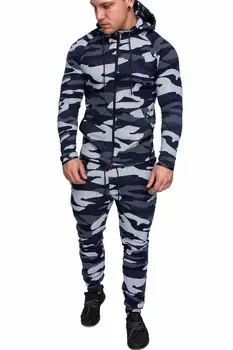 Jauns vīriešu ikdienas uzvalks modes maskēties sporta fitnesa kokvilnas rāvējslēdzēju jaka pelēkā vārna vīriešu uzvalku āra sporta 2 gabals, kas