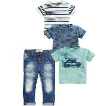 Jaunu 2019 Vasaras Bērnu Komplekti Bērnu Apģērbu Komplekti Zēniem 4gab Komplekts Svītrainu Uzvalku T-krekli + Zils T-krekls Auto + T-krekls + Džinsa Džinsi