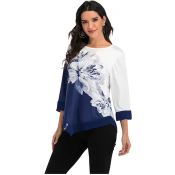 Jaunu 2020. gadam Krekls Sievietēm Pavasara Vasaras Ziedu Drukas Blūze 3/4 Piedurknēm Gadījuma Hem Pārkāpumu Sieviešu modes krekls Topi Plus Lieluma