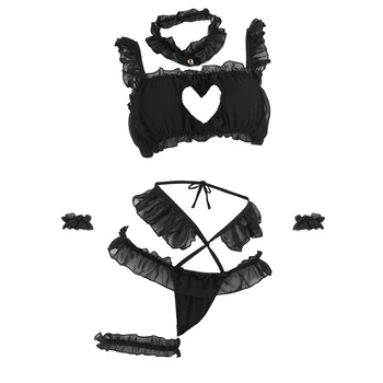 Jaunu 2020. gadam Sirds Formas Priekšējo Doba Caurule Top Linga Sēne Apakšveļas Komplekts Seksīga Kaķu Cos Sadalīt Pidžamas Komplekts sleepwear set melna balta