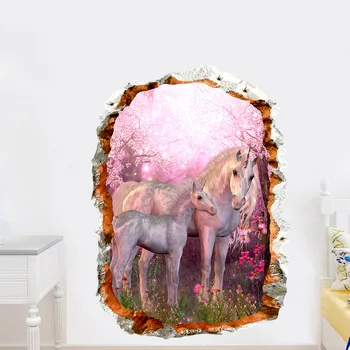 Jaunu 3D Sadalīti Rozā Ķiršu Ziedu Unicorn Sienas Uzlīmes bērniem telpām dzīvojamā istabā, guļamistabā, mājas dekorēšanas uzlīmēm
