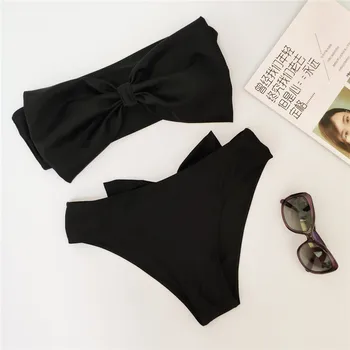 Jaunu un Seksīgu Priekšgala mezgls Bikini Sievietēm Ciets Melns Peldkostīms Strapless peldkostīms S-XL Meitene Augsta Vidukļa Backless Peldkostīmi Bikini Komplekts