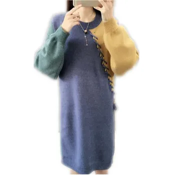 Jaunā Stila 2019 Sieviešu Džemperis Kleita Rudens Ziemas Topi Trikotāžas Džemperis Ilgi Dāma Mežģīnes-Up Taisni Trikotāžas Kleita Puloveri M196
