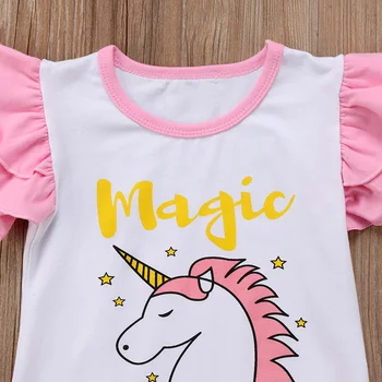 Jaunā Vasaras Bērnu Meitene Magic Unicorn Ruffles Piedurknēm, Vestes T-krekls Topi+Tutu Boll Priekšgala Kleita Svārki 2GAB Kids Apģērba Komplekts