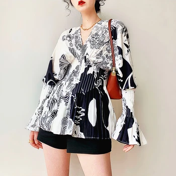 Jaunā korejiešu Stilā Harajuku Modes Dizainera Blūze Sievietēm Pilnīgu Izlīdzināšanu Piedurknēm Kroku Slim Krekls Sievietēm, Topi Iespiesti Blūze SL076