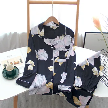 Jaunā stila dāmas pavasara un rudens tīras kokvilnas zīda pidžamu uzvalks garām piedurknēm svaigu ziedu mākslīgā kokvilna mājas pakalpojumu, sievietes