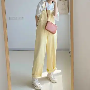 Jumpsuits Sieviešu Dzeltena Atpūtas Džinsa Šiks Vasaras Japāņu Stila Tīņi Krāsains Kawaii Slim Baggy Streetwear Vintage Mazgātas Retro
