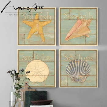 Jūras dzīvnieku 4 gabals audekls mākslas Jūras gliemene seashell starfish mājas dekori dzīvojamā istaba office picture lēti mūsdienu gleznas