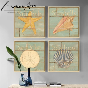 Jūras dzīvnieku 4 gabals audekls mākslas Jūras gliemene seashell starfish mājas dekori dzīvojamā istaba office picture lēti mūsdienu gleznas