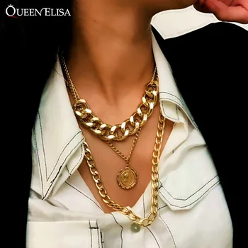 KARALIENE ELISA Hip Hop sānslīdi kaklasaite Kaklarota Sievietēm Zelta Monētas Neatkarīgu Kaklarota Daudzslāņu Bieza Ķēde, Kaklarota Ir 2021. Vairumtirdzniecība