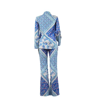 KARSTĀ Luksusa Drukāt Modes Biroja Divas Gabals Komplekti, Sieviešu Apģērbs, Zils Krekls Izlīdzināšanu Bikses Plus Lieluma 2XL Āfrikas Dāmas 2 Gabali, Uzvalki