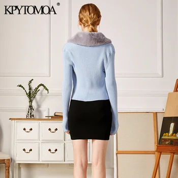 KPYTOMOA Sievietes Ir 2021. Modes Raibs Mākslīgās Kažokādas Trikotāžas Jaka Vintage Džemperis Ar Sasaistīti ar garām Piedurknēm, Sieviešu Virsdrēbes Šiks Topi