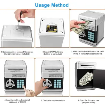 Karikatūra Elektronisko ATM Paroli Cūciņa Bankas Naudas Monētas Var Auto Ritiniet Papīra Naudas Taupīšanas Box Dāvanu Bērniem (sudrabaini+melns)