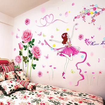 Karikatūra Meitene Dejotājs Sienas Uzlīmes DIY Rozā Rožu Ziedi Sienas Uzlīmes Bērnu Istabas, viesistaba, Mājas Apdare