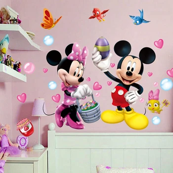 Karikatūra mickey minnie peles, putnus, sienas uzlīmes, guļamistabas, bērnu istabas mājas rotājumi disney sienas uzlīmes pvc sienas mākslas diy plakāti