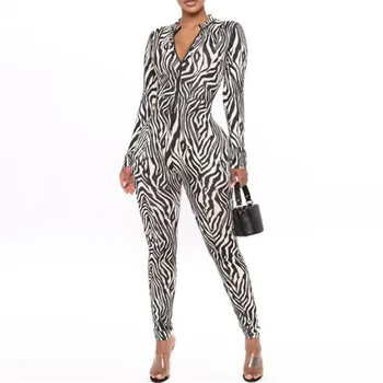 Karstā Svītraina Zebra Drukāt Izdilis Jumpsuit Sievietēm Ar Garām Piedurknēm Ar Rāvējslēdzēju Bodycon Romper Gadījuma Bodysuit Viens Gabals Tērpiem Puse Clubwear